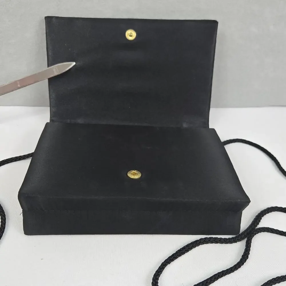 Black Beaded & Satin Square Snap Closure Clutch Purse with Corded Shoulder Strap